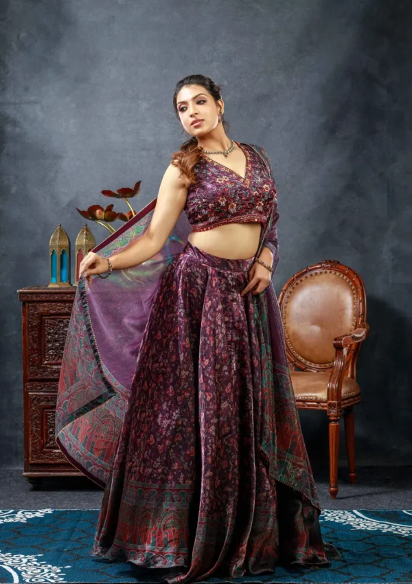 Crop Top Lehenga - Green & Wine Red - Image 5