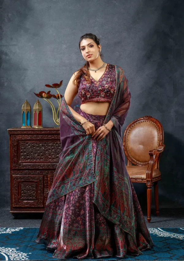 Crop Top Lehenga - Green & Wine Red - Image 2